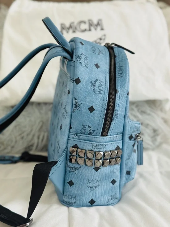 Authentic MCM Stark Mini Backpack Blue Visetos Studded 8x10x4 clean + Dust Bag - Picture 8 of 16